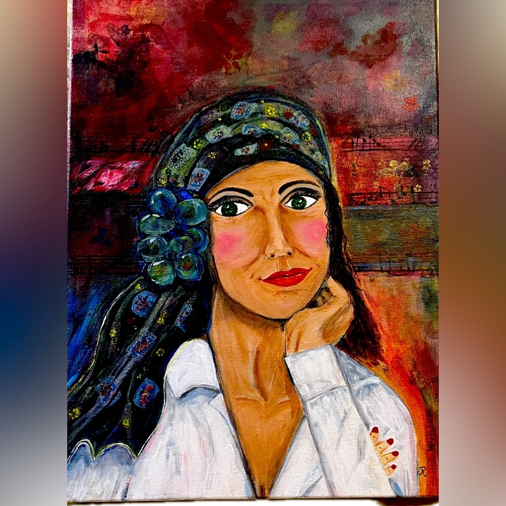 Original acrylic painting of woman with scarf “Nadia”, 12x16